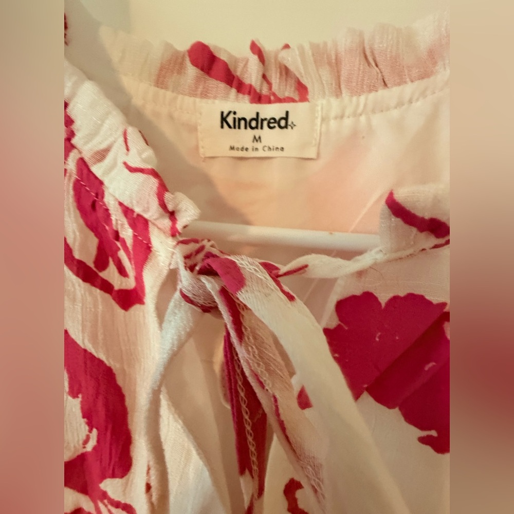 Kindred White Pink Floral Shift Dress Ruffle Neck Short Sleeve Drop Waist🩷 - Picture 4 of 12